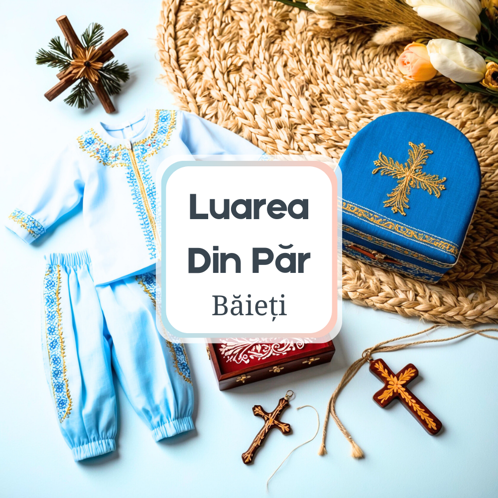 Luarea Din Păr Băieți, O scenă tradițională și plină de semnificație pentru prima tăiere a părului unui băiețel, cu costume tradiționale și accesorii ceremoniale decorate cu motive românești.