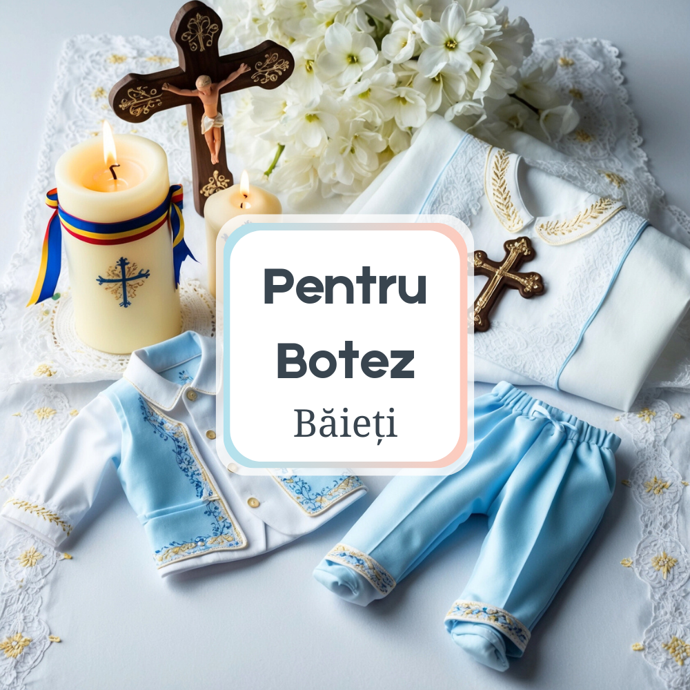 Pentru Botez Băieți, O scenă elegantă și tradițională pentru botezul unui băiețel, cu costume tradiționale, lumânări și pânze de botez decorate cu motive românești.