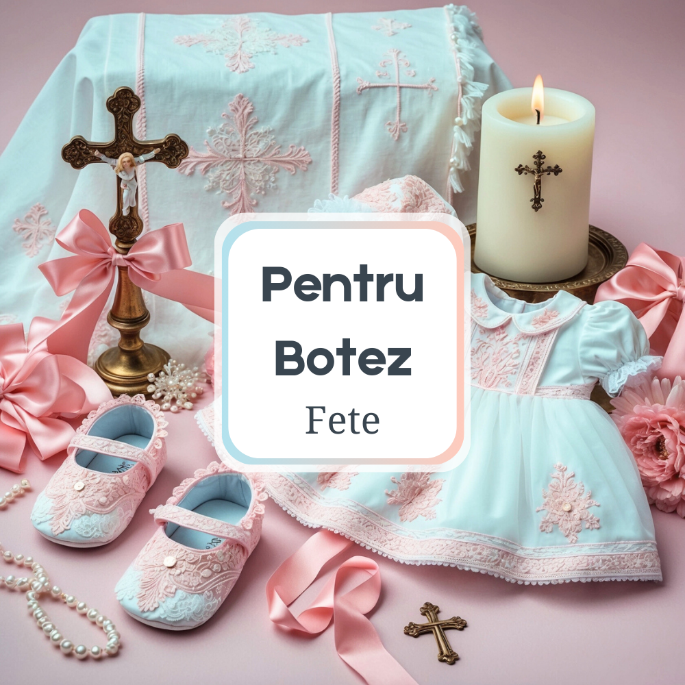 Pentru Botez Fete, O scenă delicată și elegantă pentru botezul unei fetițe, cu rochițe tradiționale, lumânări și pânze de botez decorate cu motive românești