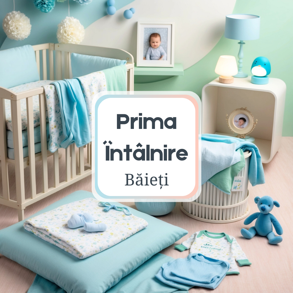 Prima Întâlnire cu Bebelul Băieți, O scenă caldă și delicată pentru celebrarea primei întâlniri cu băiețelul, cu decoruri pastelate și produse de înaltă calitate.