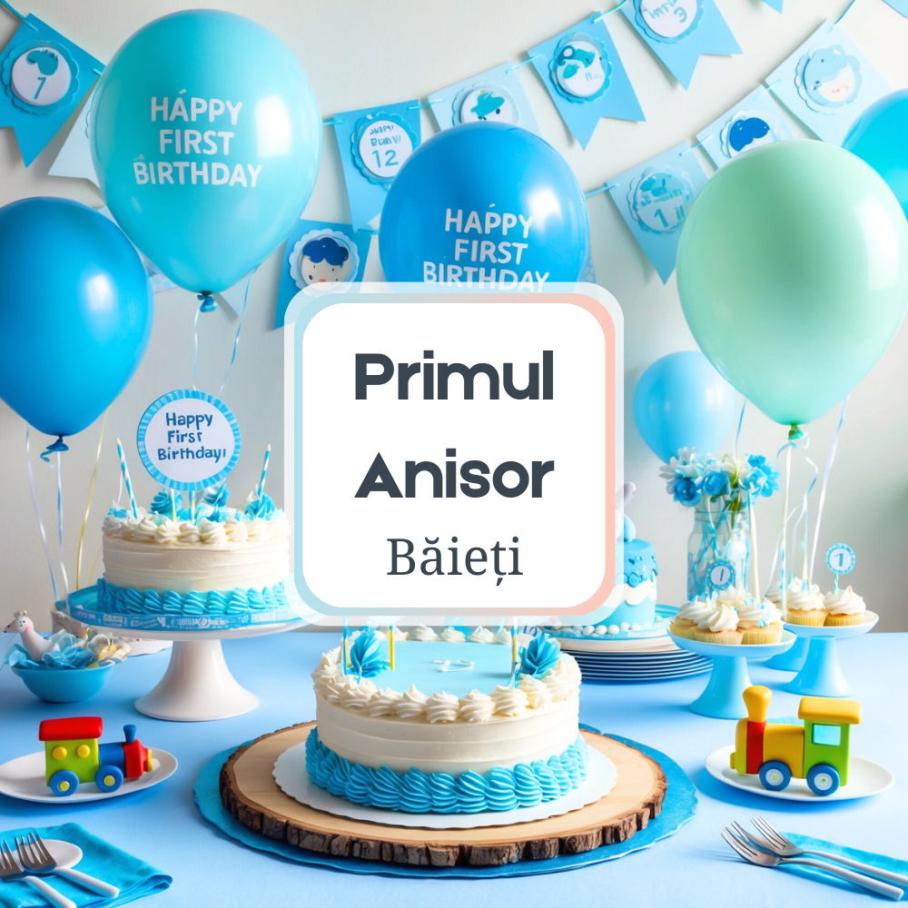 Primul Anisor Băieți, O scenă festivă și veselă pentru sărbătorirea primului an al unui băiețel, cu decoruri pastelate și accesorii tematice.