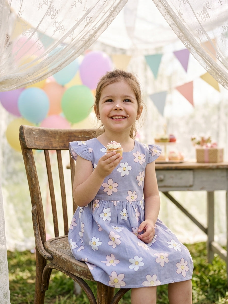 Rochie lila cu imprimeu margarete și volane la mâneci 110 [ps:e2afae5a-ed9d-4bf0-9ef5-a3207460bab2]