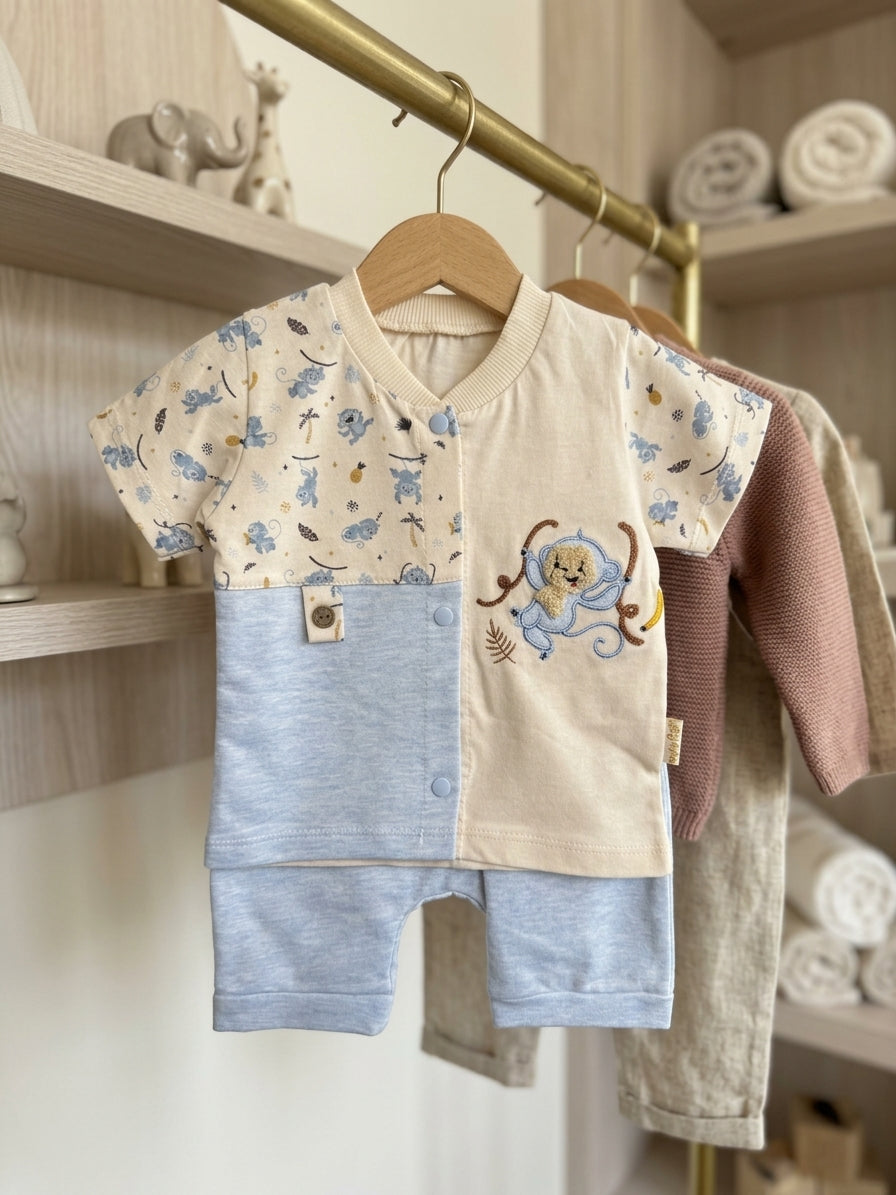 Set bebe băieți tricou cu maimuță și pantaloni scurți Bleu 3-6 Luni [ps:b9626057-7050-4d79-b77f-a6860692f312]