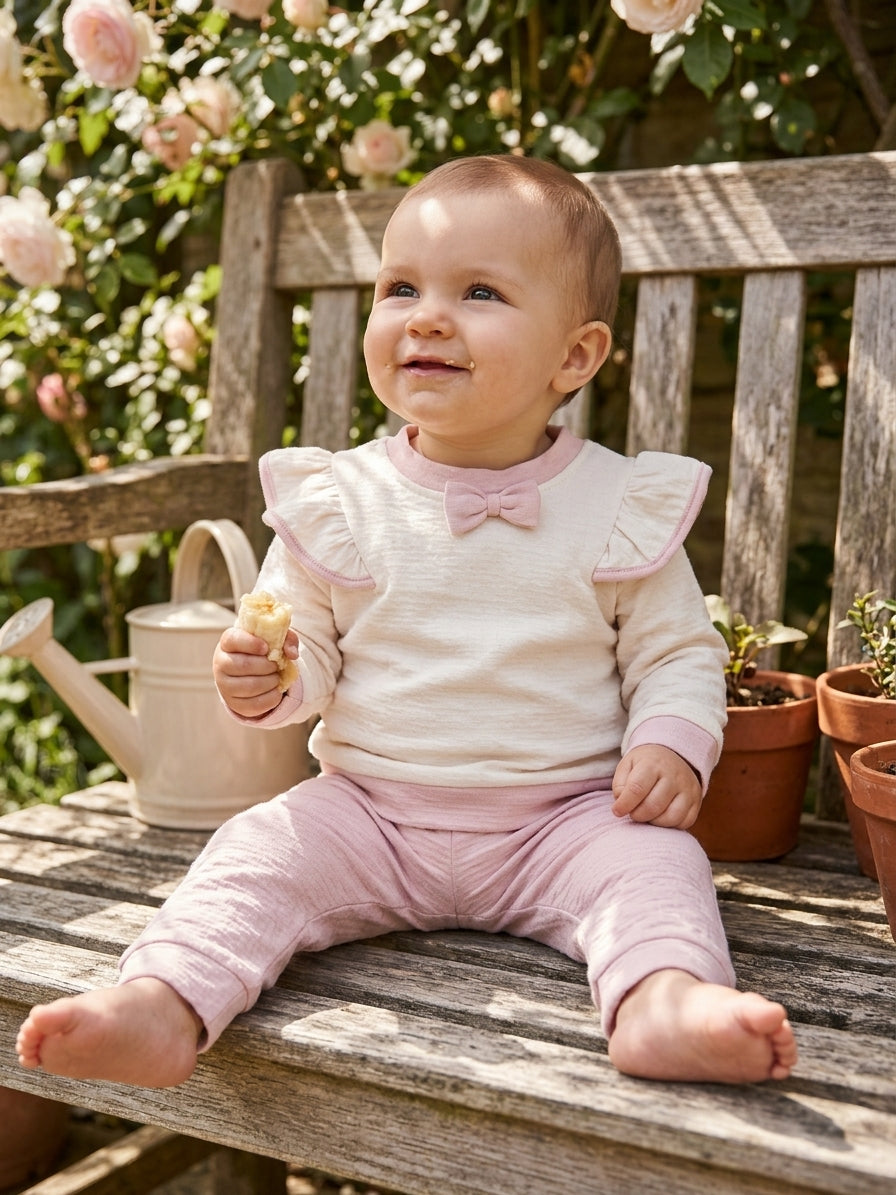 Set bebe bluză cu volane și fundă, pantaloni roz Joyola 9-12 Luni [ps:08e3c589-de4a-4281-9096-82d819aaf609]