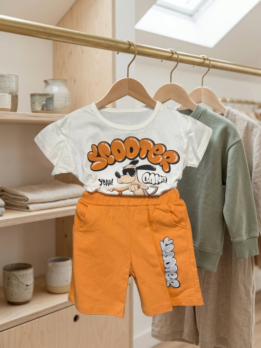 Set tricou și pantaloni scurți băieți cu imprimeu câine pe Maro 2 ANI [ps:df528e0b-8dfa-4243-9482-9989a1513c7f]