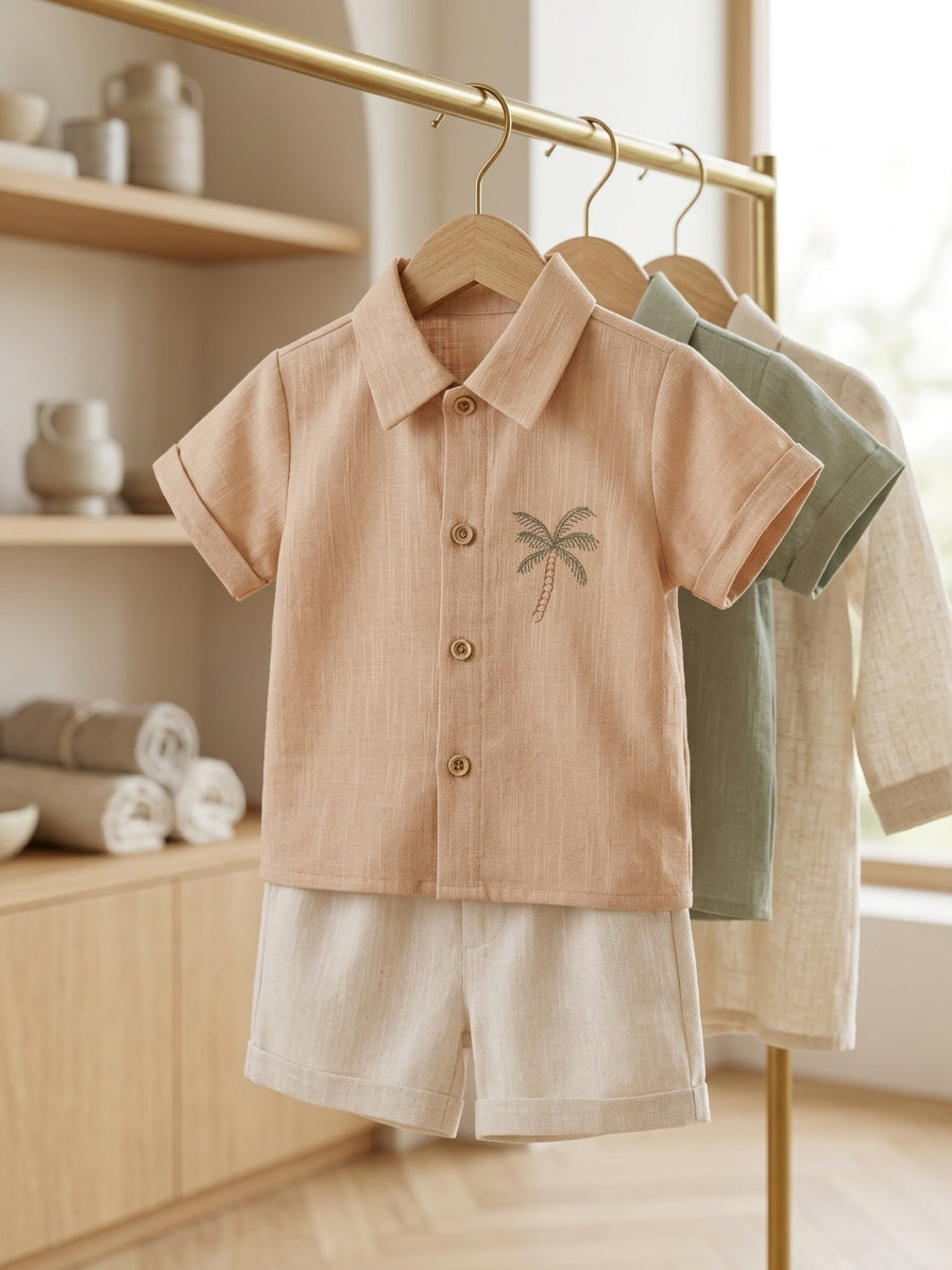 Set cămașă și pantaloni scurți băieți, bumbac 100%, - Bej (1) [ps:35524145-6f53-4ca1-a2f6-8f3373df3de4]