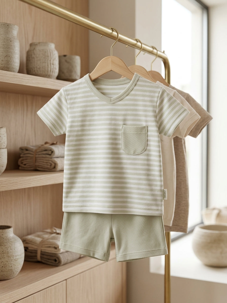 Set tricou și pantaloni scurți, dungi subțiri Bleu 2 ANI - Verde (1) [ps:10859246-e46a-4a73-a5f5-e4e3a55a5bba]