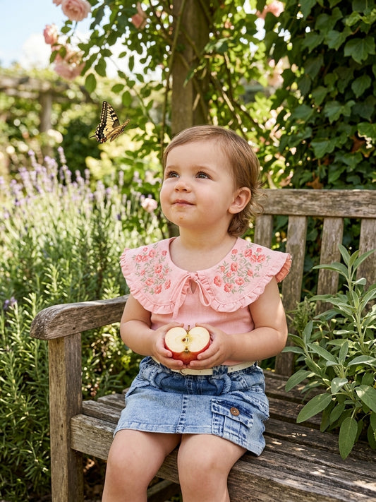 Set bluză piersică cu broderie florală și fustă denim cu - 3 ANI (1) [ps:c1ba7547-fdd6-4471-bcec-47d616904c80]