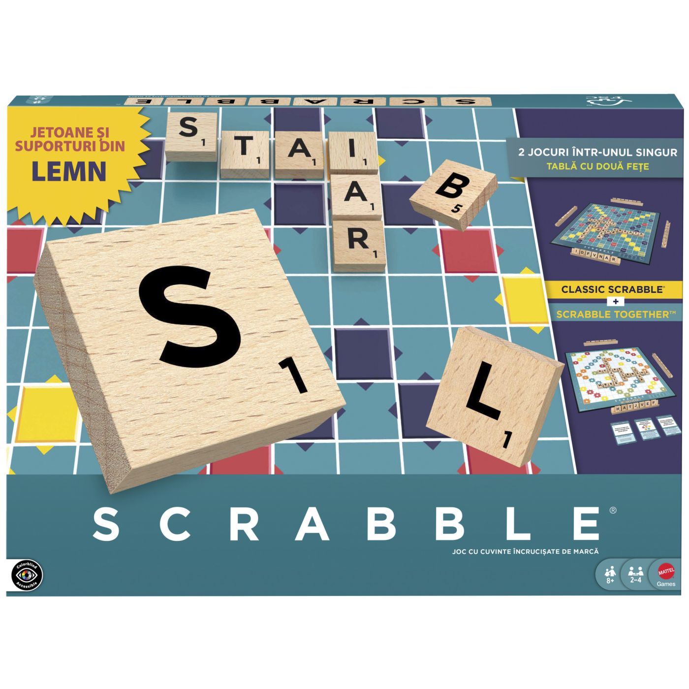 JOC SCRABBLE 2 IN 1 DIN LEMN IN LIMBA ROMANA Mattel - Imagine 1