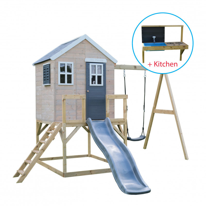 Casuta de gradina Grey Lodge cu tobogan, leagan si - Imagine 1