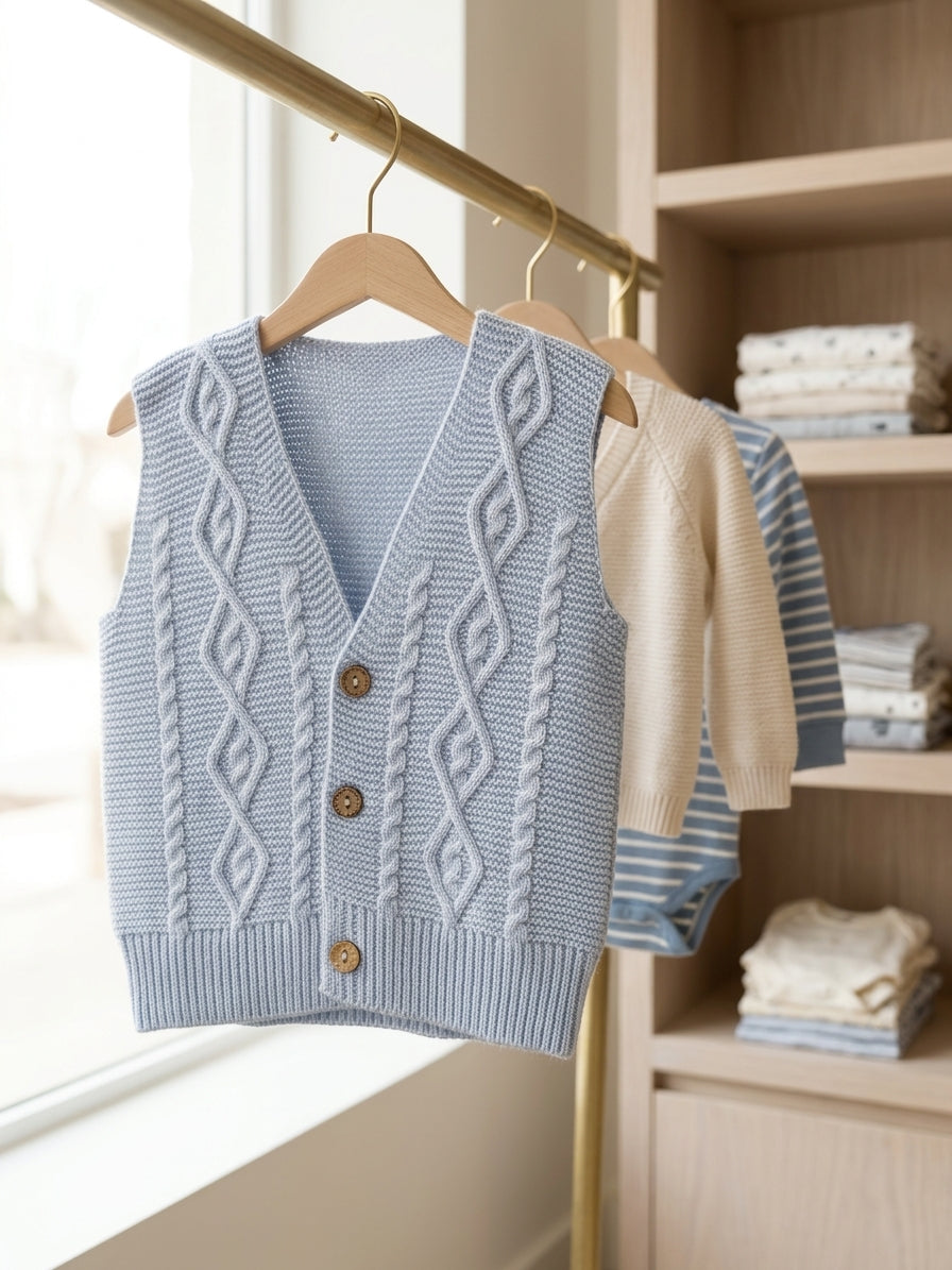 Vestă Tricotată Bebe cu Torsade și Nasturi Lemn Roz, INFANT - Bleu (1) [ps:0cc7c868-a0c9-4803-8f40-4be8770809aa]