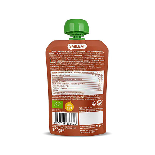 Smileat Gustare Piure din mere, banane, capsuni, bautura de migdale si cacao 100g, +9 luni, Eco [ps:d376b496-4c14-4cc0-9821-e43e91ac37bb]