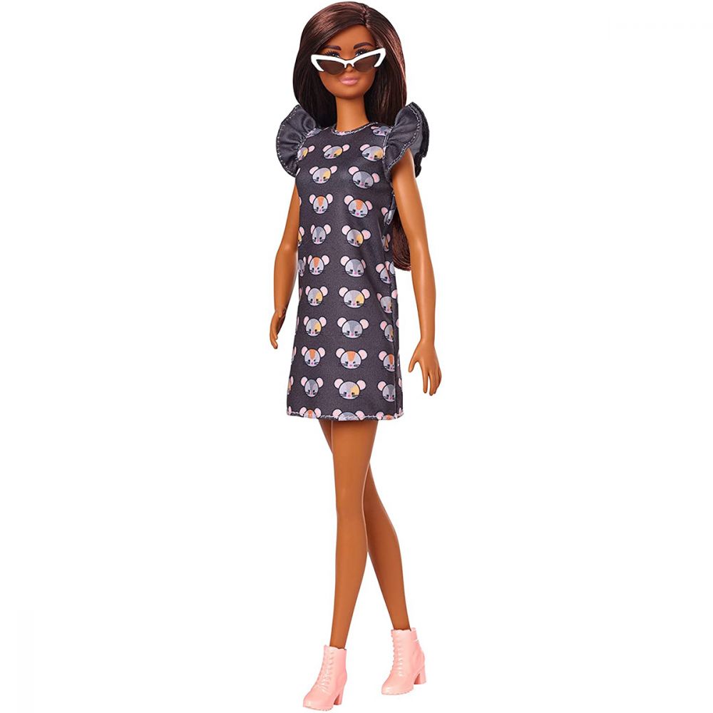 PAPUSA BARBIE FASHIONISTA CU ROCHIE CU IMPRIMEU CU SORICEI SI PAR BRUNET LUNG [ps:35c5414a-25f4-437e-9223-10b4473b8f4a]