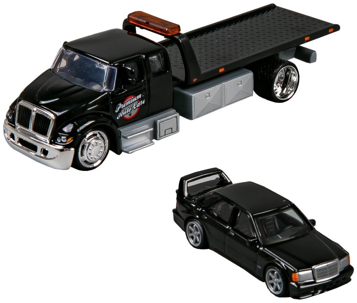 Set jucării Fresh Metal Design Elite - Camion cu rampă International Durastar și Mercedes-Benz 190E, scara 1:64 [ps:aeadbc20-0697-4d81-a3e4-046669fe6e86]