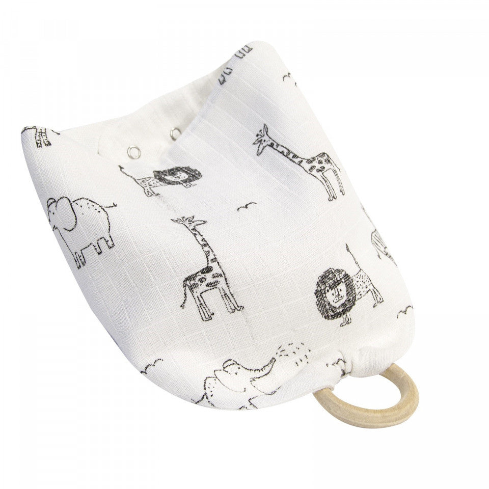 Baveta din muselina cu inel din lemn BabyJem (Model: Zoo) - Imagine 1 [ps:5e81e93f-77bf-41ff-bd9a-72d12734560b]