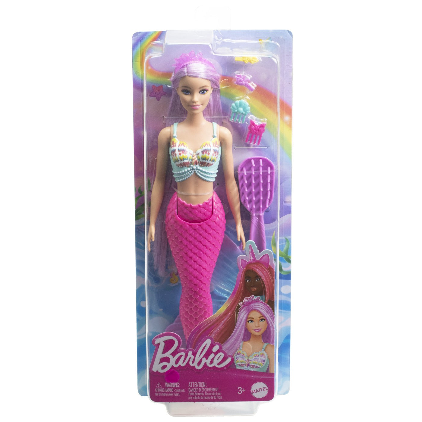 BARBIE PAPUSA SIRENA CU PAR MOV SI COADA ROZ Mattel - Imagine 1