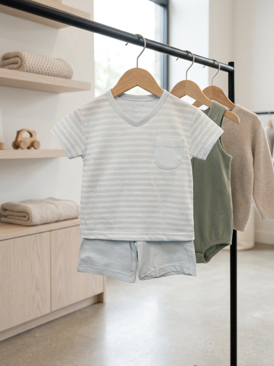 Set tricou și pantaloni scurți, dungi subțiri Bleu 2 ANI - Bleu (1) [ps:3137705e-f172-4fa3-beac-388b90392ba5]