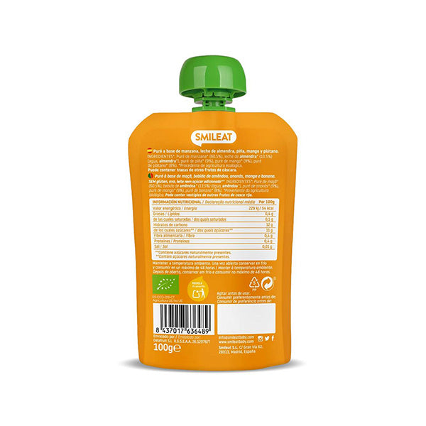 Smileat Gustare Piure din mere, bautura de migdale, ananas si mango 100g, +9 luni, Eco, [ps:e45d4b5c-8afe-4096-81c4-f8ccde03aaf6]