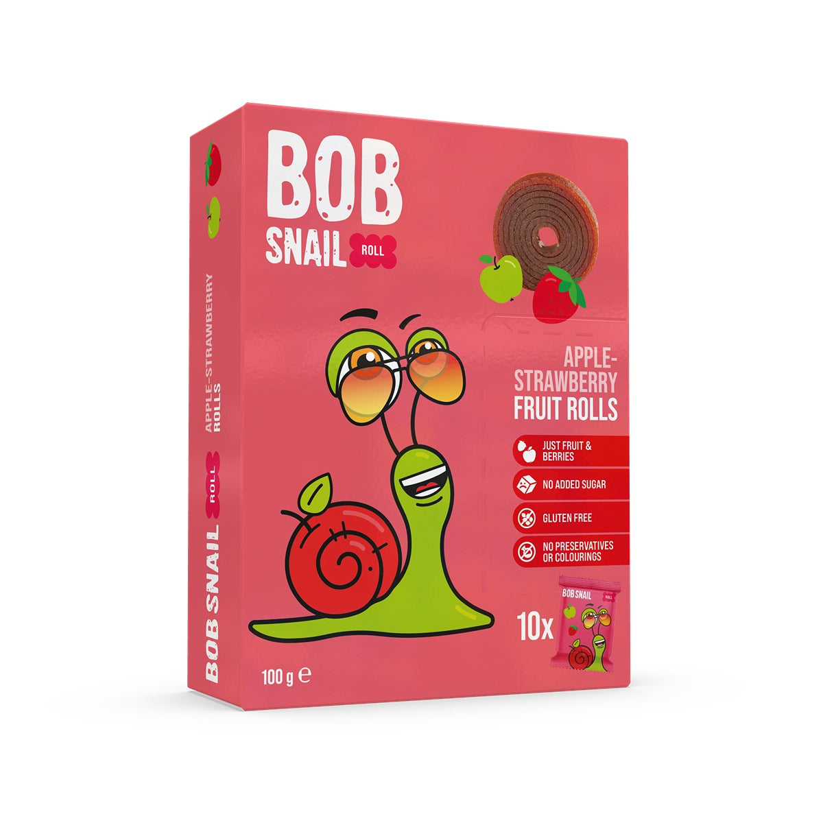BOB SNAIL Fruit Rolls, Rulou din fructe, gustare din fructe, cu mere si capsune, 10 buc, 100 g
