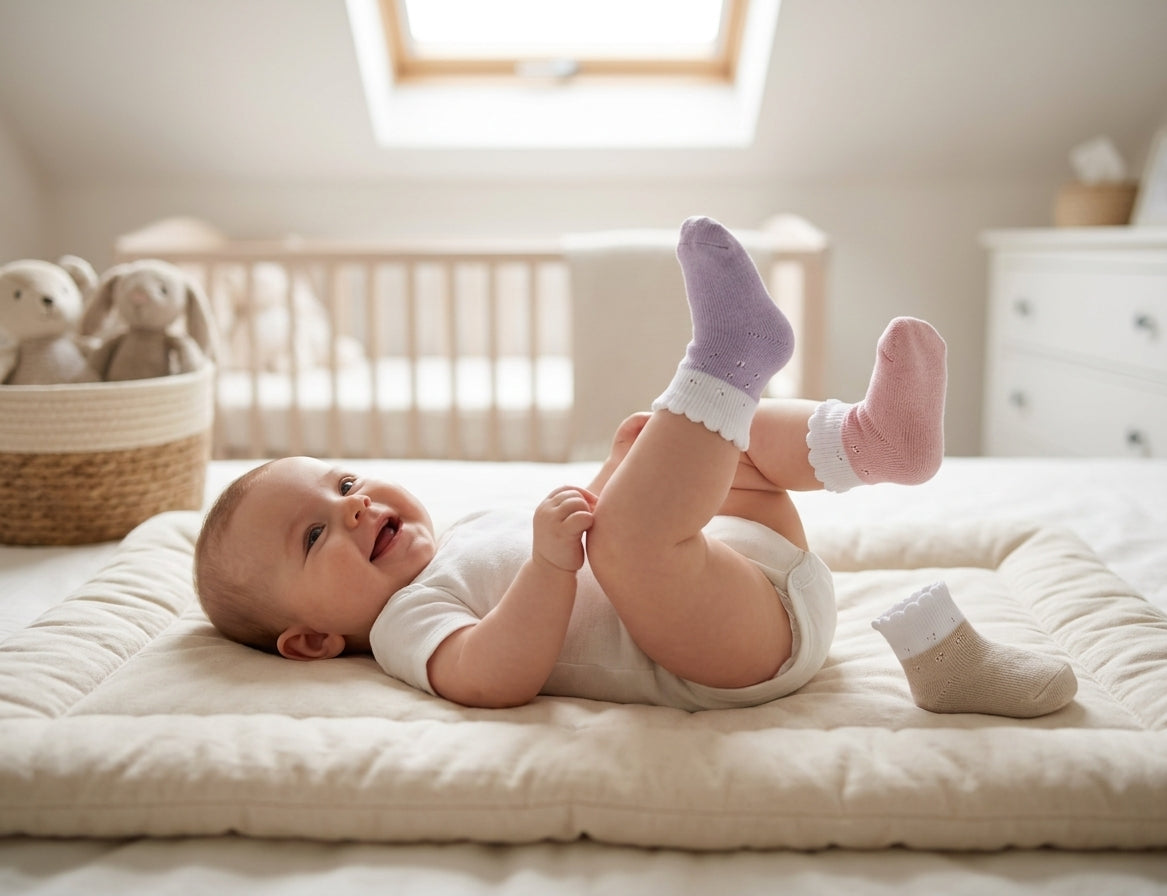 Set 3 perechi șosete bebe cu volan Olay Socks Lila, roz pudrat, bej nisip (parte superioară albă cu volan) [ps:00a67073-78b0-4cf6-be3d-3559d748598d]