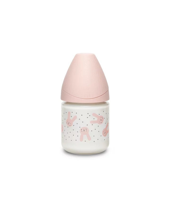 Biberon din sticlă 120 ml cu tetină rotundă din silicon, - Roz [ps:b042e0cf-51dd-4365-a4e8-351784fb795e]