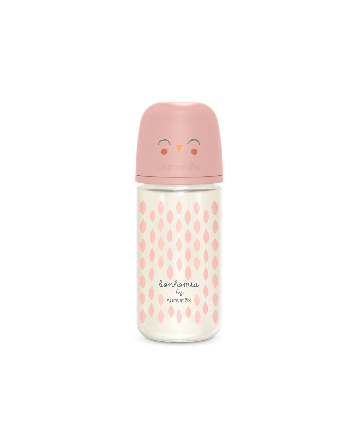Biberon de sticlă 240 ml Tetină fiziologică SX Pro cu debit mediu Bufniță roz Bonhomia [ps:6cab239e-c267-481e-a8a3-8df509aeb9b8]