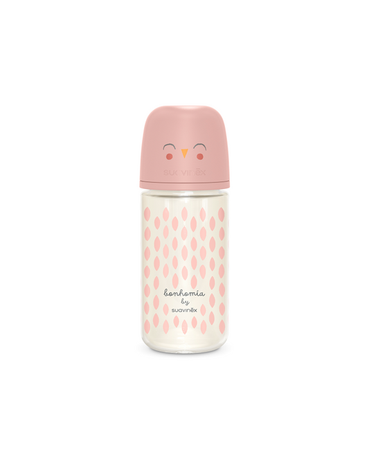 Biberon de sticlă 240 ml Tetină fiziologică SX Pro cu debit mediu Bufniță roz Bonhomia [ps:6cab239e-c267-481e-a8a3-8df509aeb9b8]