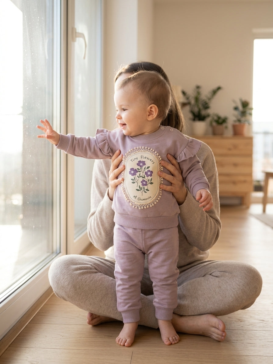 Set bluză și pantaloni cu flori brodate și volane 6-9 - 18-24 Luni (2) [ps:7b572992-8db0-4049-a7fa-95f4f068b45b]