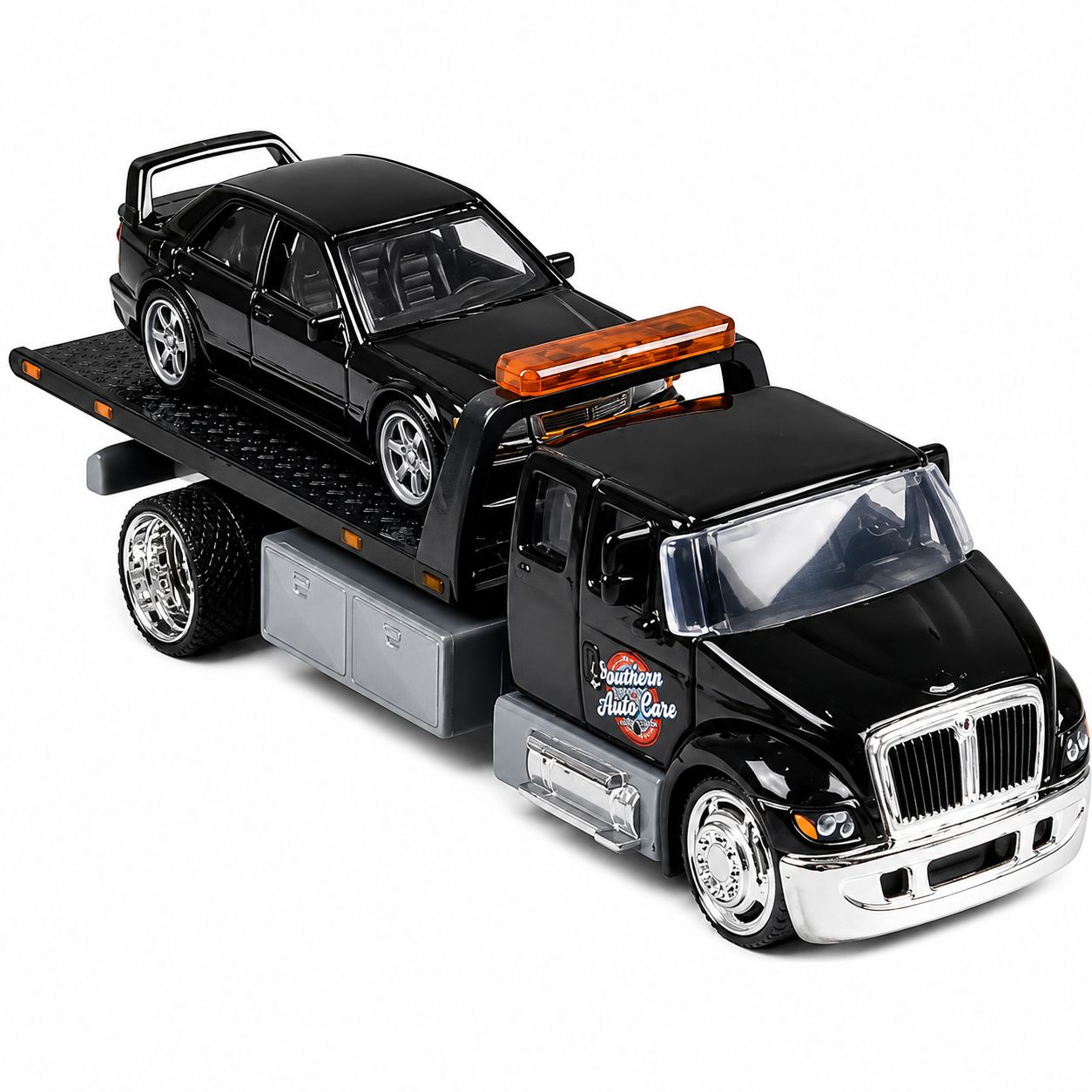 Set jucării Fresh Metal Design Elite - Camion cu rampă International Durastar și Mercedes-Benz 190E, scara 1:64 [ps:9d8cc323-bdac-4bbe-9e3f-cd97520f8d3a]
