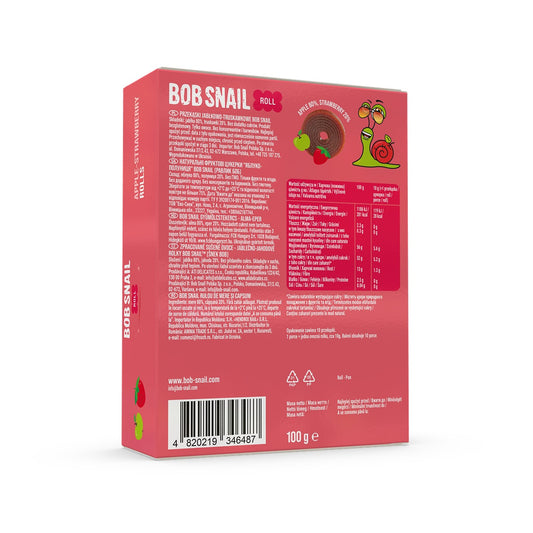 BOB SNAIL Fruit Rolls, Rulou din fructe, gustare din fructe, cu mere si capsune, 10 buc, 100 g