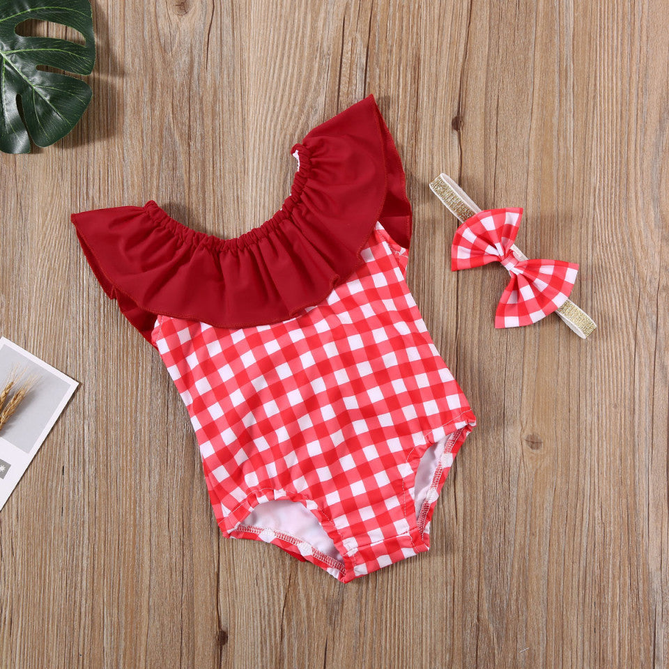 Costum de baie cu patratele rosii si bentita Drool (Marime: 80) [ps:42d0ba3b-c833-4e6b-986a-78368a226b1c]