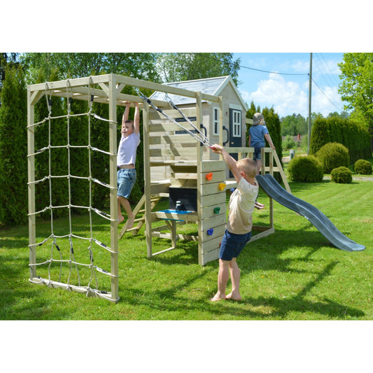 Casuta de gradina Grey Lodge cu tobogan, leagan dublu, modul sport si bucatarie (M28G_GK), Wendi Toys [ps:7569a63a-833b-4065-9aa1-886ba21a320e]