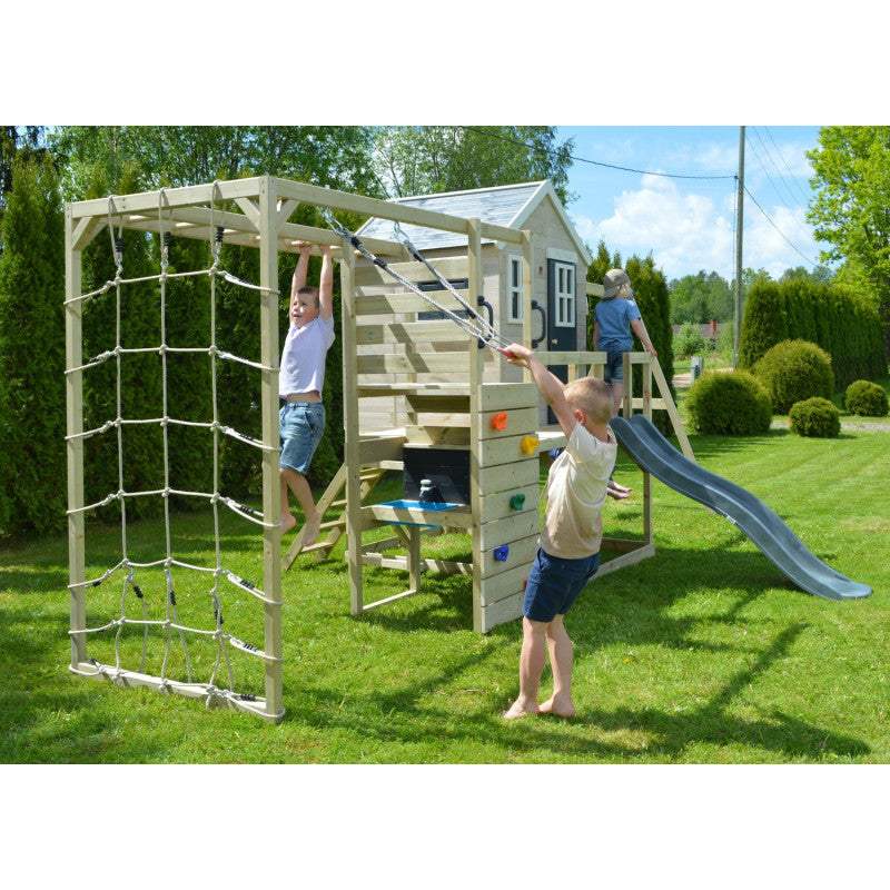 Casuta de gradina Grey Lodge cu tobogan, leagan dublu, modul sport si bucatarie (M28G_GK), Wendi Toys [ps:7569a63a-833b-4065-9aa1-886ba21a320e]