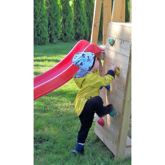 Turn de joaca cu 2 platforme, panou de catarare, tobogan, leagan, masuta de picnic cu bancute si lada de nisip [ps:e50dc9d9-2b04-4ed6-adfd-7a608b635601]