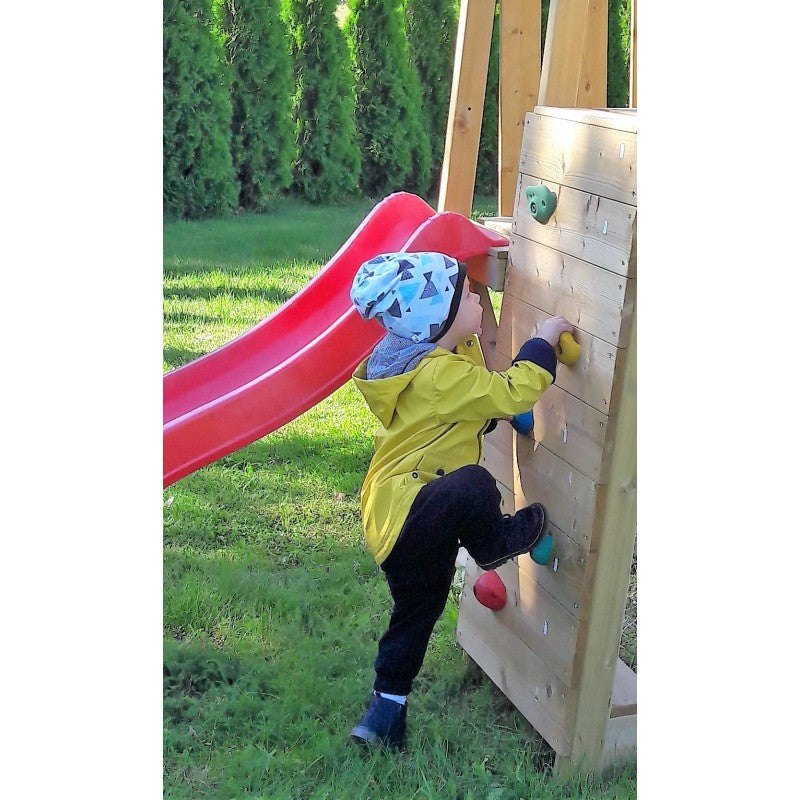 Turn de joaca cu 2 platforme, panou de catarare, tobogan, leagan, masuta de picnic cu bancute si lada de nisip [ps:e50dc9d9-2b04-4ed6-adfd-7a608b635601]