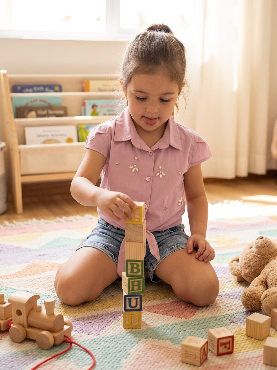 Set cămașă roz cu flori metalice și pantaloni scurți denim 4 ANI [ps:d3fba7db-0ecf-4316-b9e8-522da021f782]