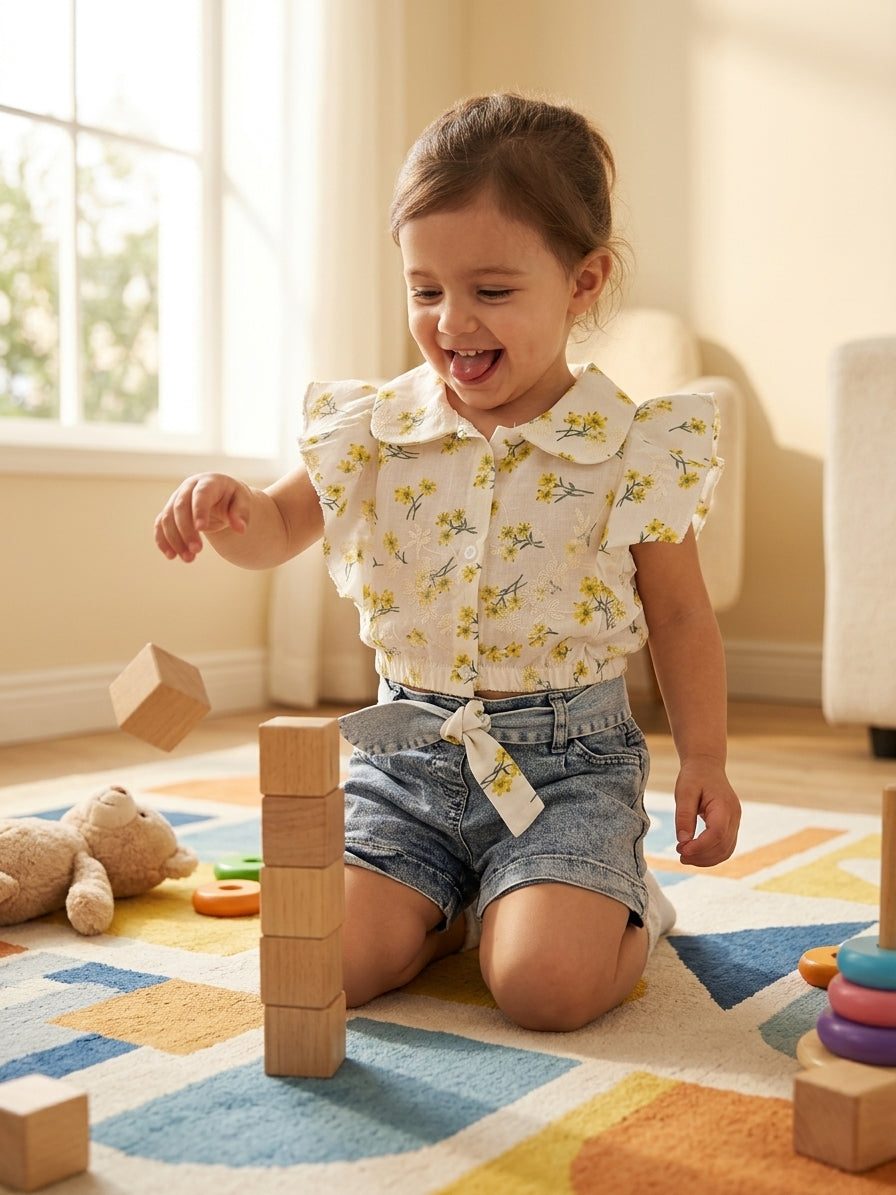 Set cămașă cu flori și pantaloni scurți denim Pampal 4 ANI [ps:4dbc9554-6585-45b0-b92f-db6a4986d380]