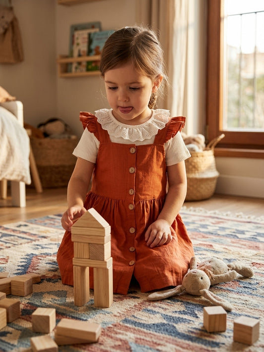 Set salopetă rochie cărămizie cu nasturi lemn și tricou - 4 ANI (3) [ps:ef26218a-78bf-4d41-9436-23e9a9ddccce]