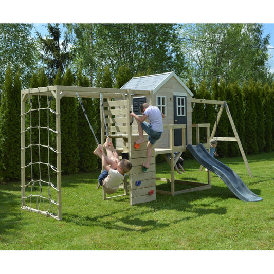 Casuta de gradina Grey Lodge cu tobogan, leagan dublu, modul sport si bucatarie (M28G_GK), Wendi Toys [ps:058bb33e-310b-47e8-9b76-a741e59afb4c]