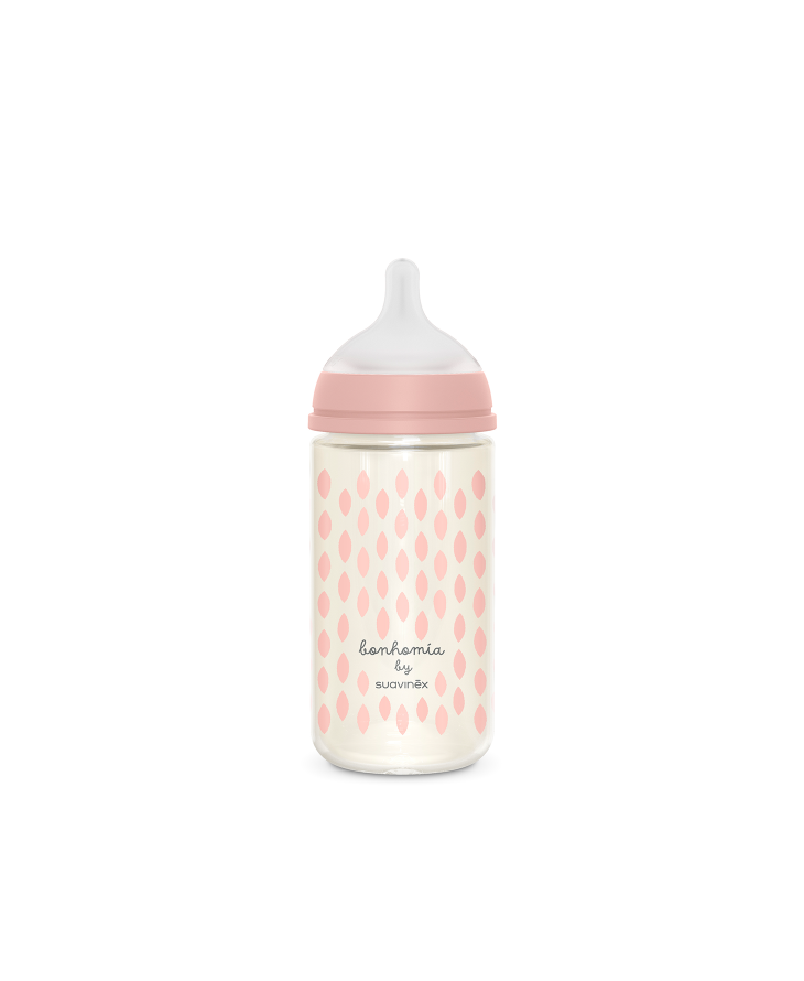 Biberon de sticlă 240 ml Tetină fiziologică SX Pro cu debit mediu Bufniță roz Bonhomia [ps:5b98feb8-792a-4624-ab0d-2f53fd779f6b]
