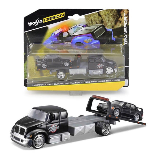 Set jucării Fresh Metal Design Elite - Camion cu rampă International Durastar și Mercedes-Benz 190E, scara 1:64 [ps:482ea942-3782-41e8-b701-7f7b7fa5cdd4]