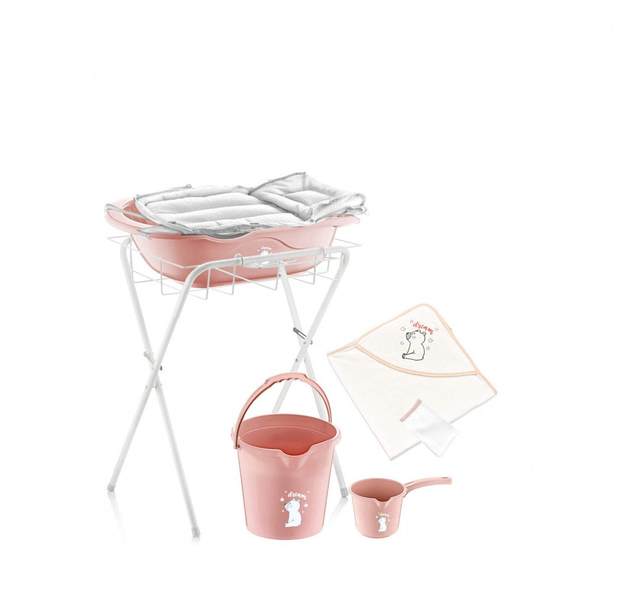 Set cadita de baie complet pentru bebelusi cu 6 piese, - Roz