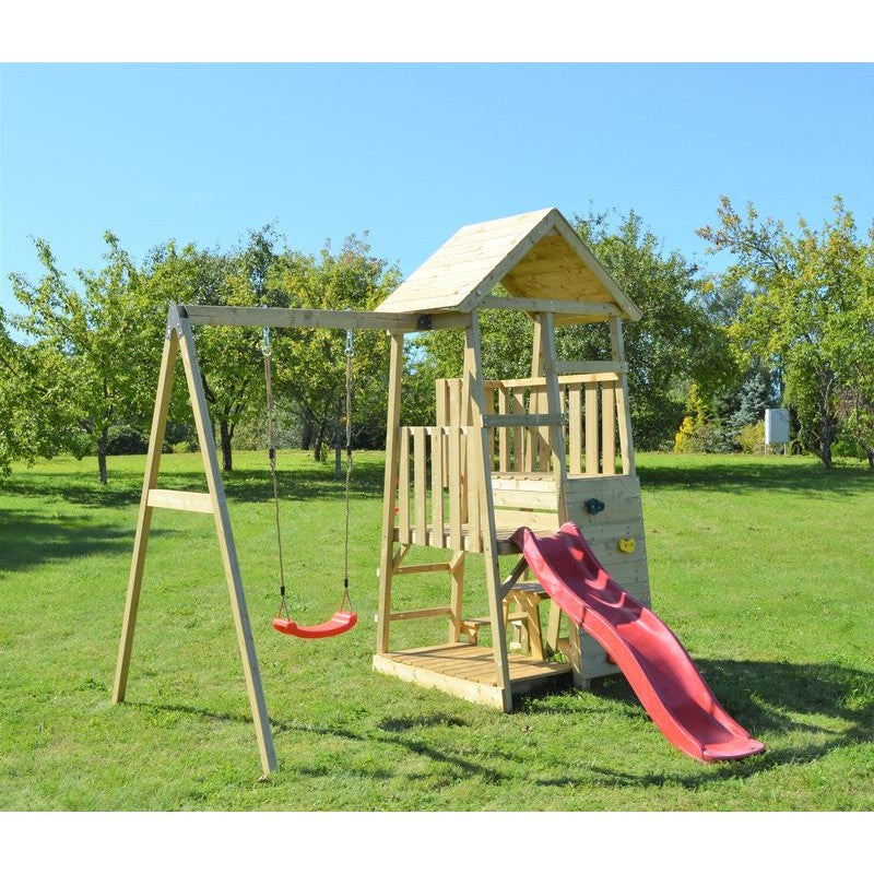 Turn de joaca cu 2 platforme, panou de catarare, tobogan, leagan, masuta de picnic cu bancute si lada de nisip [ps:affba3d1-ee7c-4c52-8f58-4ea94f2179fa]