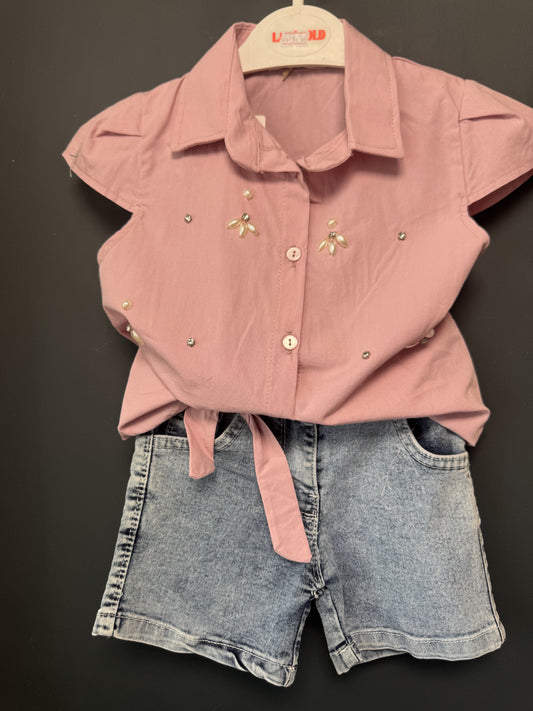 Set cămașă roz cu flori metalice și pantaloni scurți - 4 ANI (3) [ps:5ece5391-6895-439c-ba62-ee8a716b63b5]