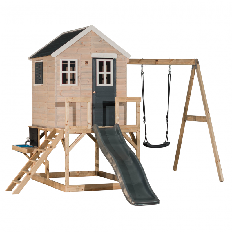 Casuta de gradina Grey Lodge cu tobogan, leagan si bucatarie, Wendi Toys [ps:c883d387-8ef0-43eb-a0aa-1f46eb152122]