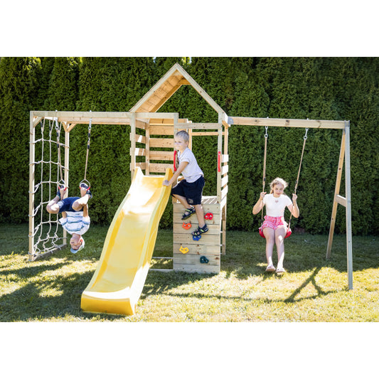 Turn de joaca cu 2 platforme, panou de catarare, tobogan, leagan si modul de gimnastica (M41), Wendi Toys [ps:526bd7ad-2428-470a-8d40-4ac466c6cd28]