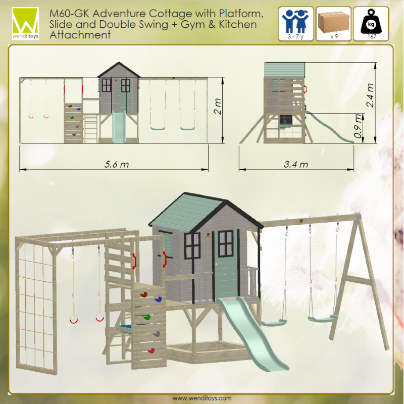 Casuta de gradina Pastel Green Adventure Cottage cu tobogan, leagan dublu, modul sport si bucatarie (M60PGN_GK), Wendi Toys [ps:8900a955-c045-4603-a27a-175a52ffa138]