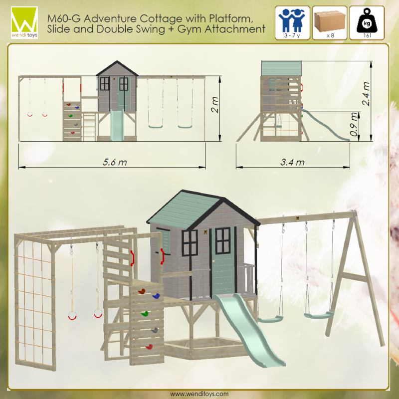Casuta de gradina Pastel Green Adventure Cottage cu platforma, tobogan, leagan dublu si modul sport (M60PGN_G), Wendi Toys [ps:9d7e3a0c-db8a-456a-8c01-dfab976197d6]