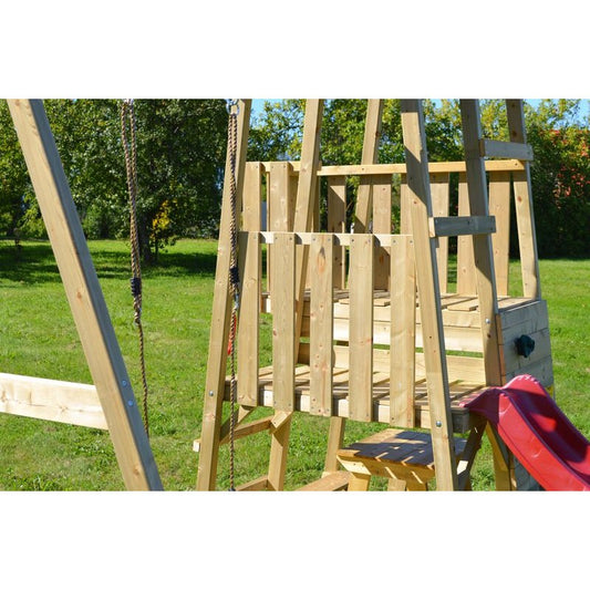Turn de joaca cu 2 platforme, panou de catarare, tobogan, leagan, masuta de picnic cu bancute si lada de nisip [ps:d57ad913-a128-4c26-8b27-4209dbca5a5f]