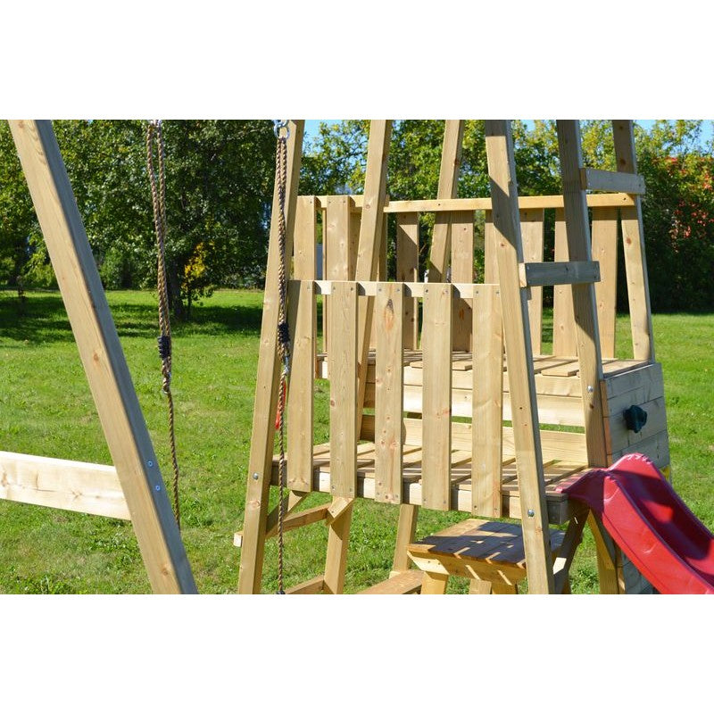 Turn de joaca cu 2 platforme, panou de catarare, tobogan, leagan, masuta de picnic cu bancute si lada de nisip [ps:d57ad913-a128-4c26-8b27-4209dbca5a5f]